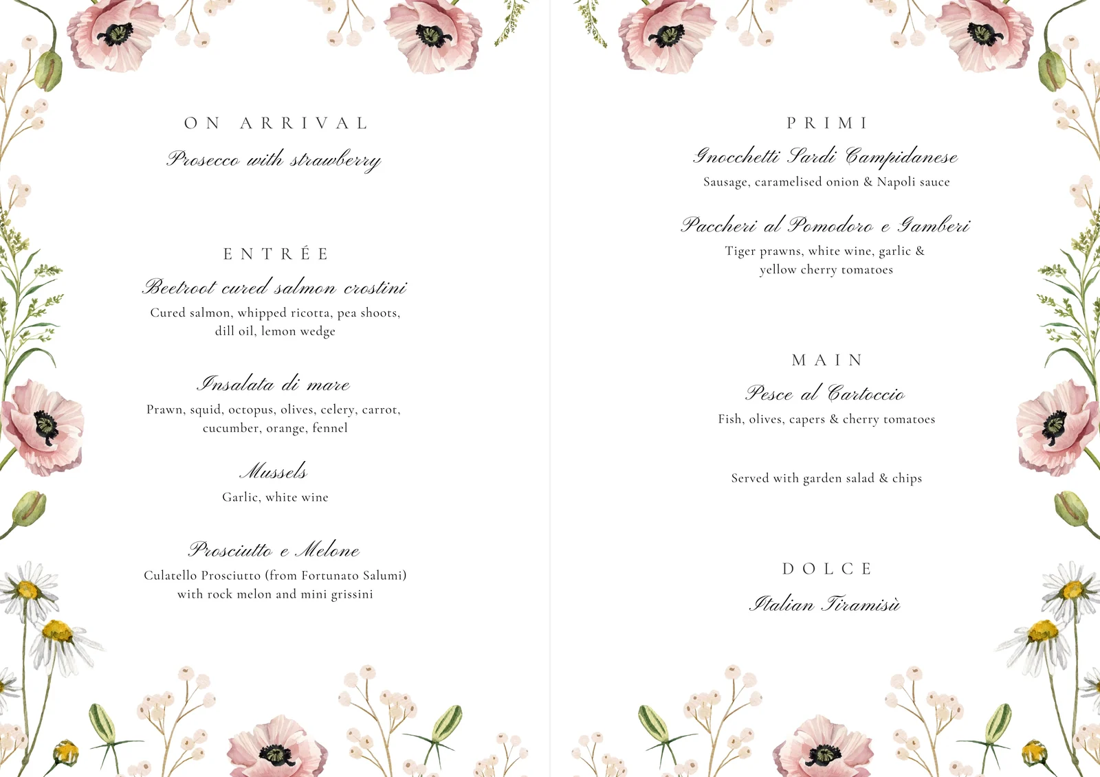 The inside pages of a wedding menu designed by Vitalia's: on arrival, entree, primi, main and dolce, inside a watercolour flower border