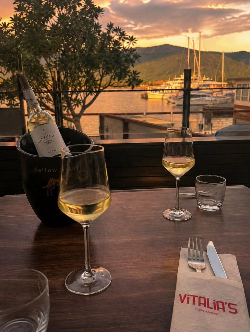 Sunset view of the marina at The Pier